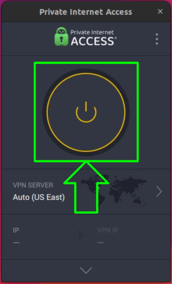 Screenshot highlighting the Power button in PIA's Linux app