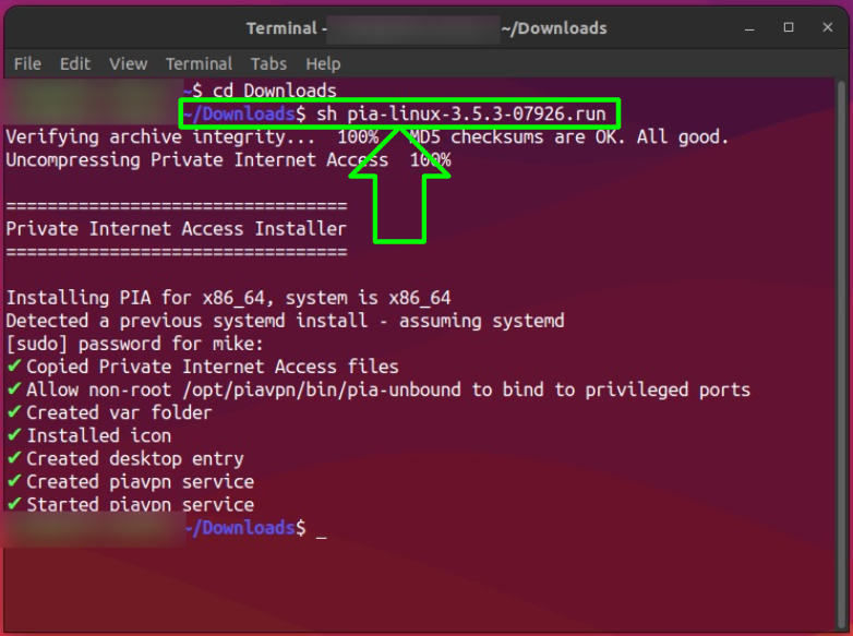Screenshot showing which Terminal command to use to install PIA on Linux