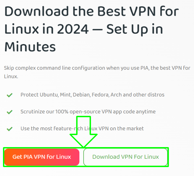 Screenshot highlighting how to download PIA on Linux