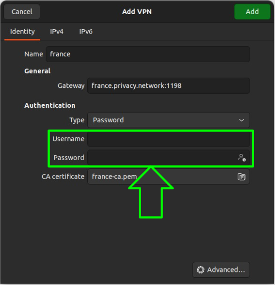 Screenshot of setting up a new OpenVPN connection in Linux Network settings