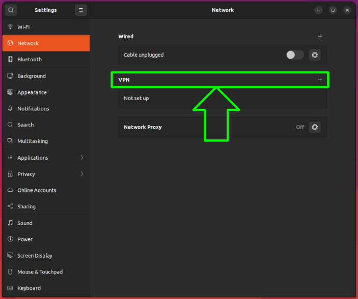 Screenshot showing how to create a new VPN connection in Linux Network settings