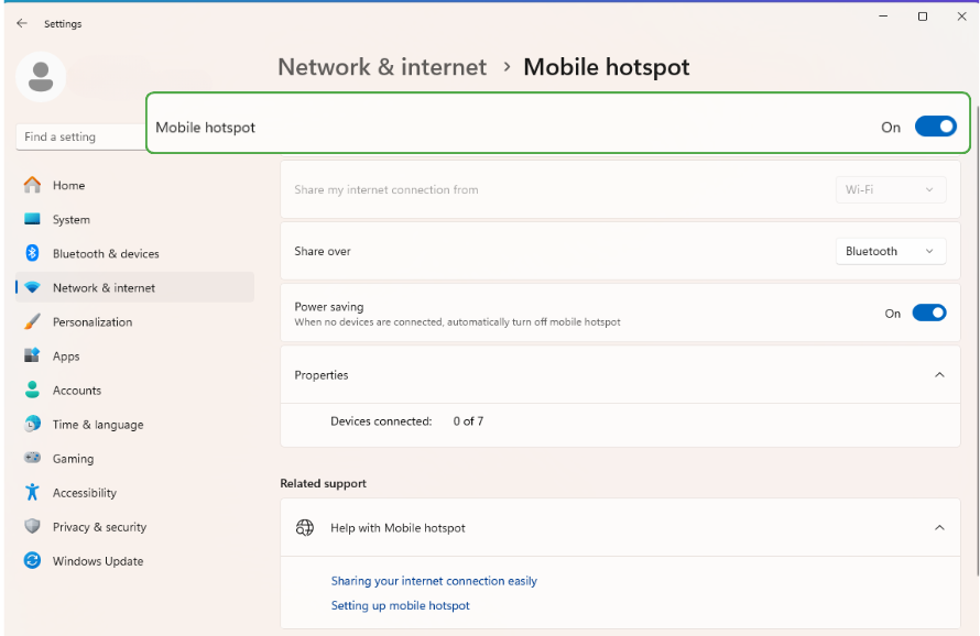 Turn on mobile hotspot on Windows