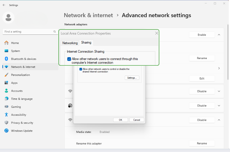 Open Network Adapter Sharing Settings
